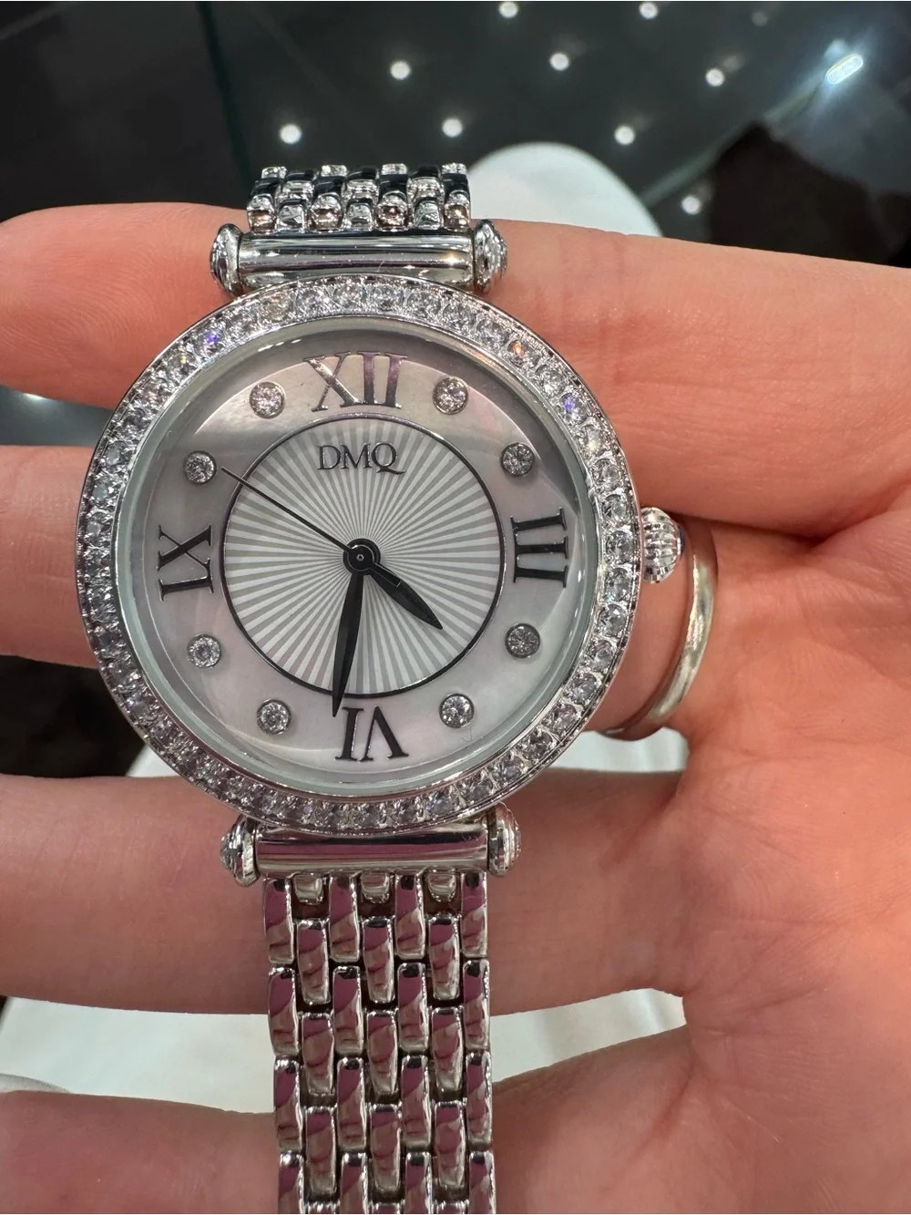 New DMQ CZ Women's Silver-Tone Crystal Bezel Roman Numeral Dress Watch